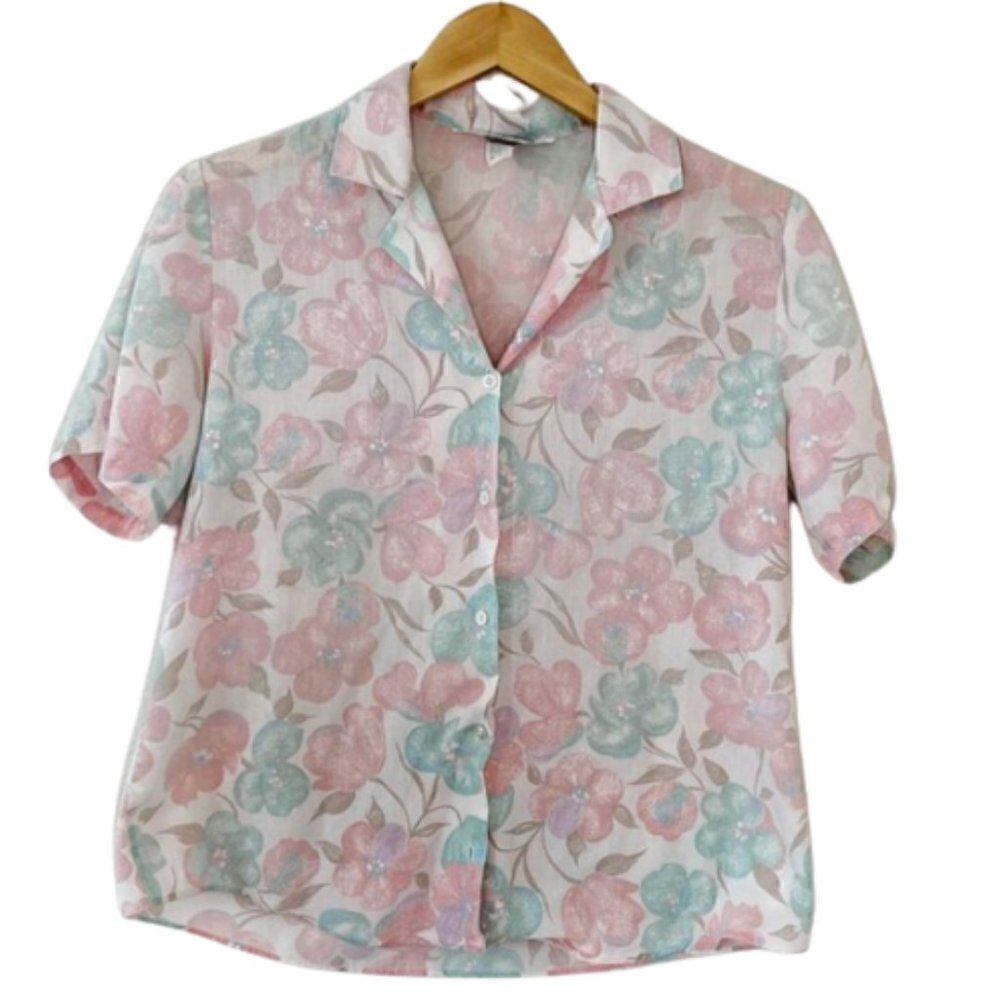 Vintage Lady Vanheusen floral pastel button down shirt women's size 12